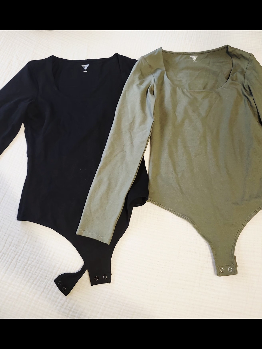 Express Long Sleeve Scoop Neck Bodysuits - Black & Olive